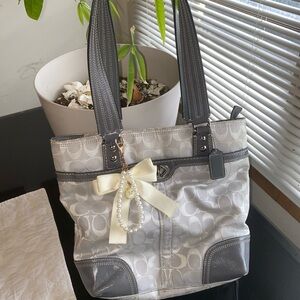 Coach Gray and White Tote with Patterned Design